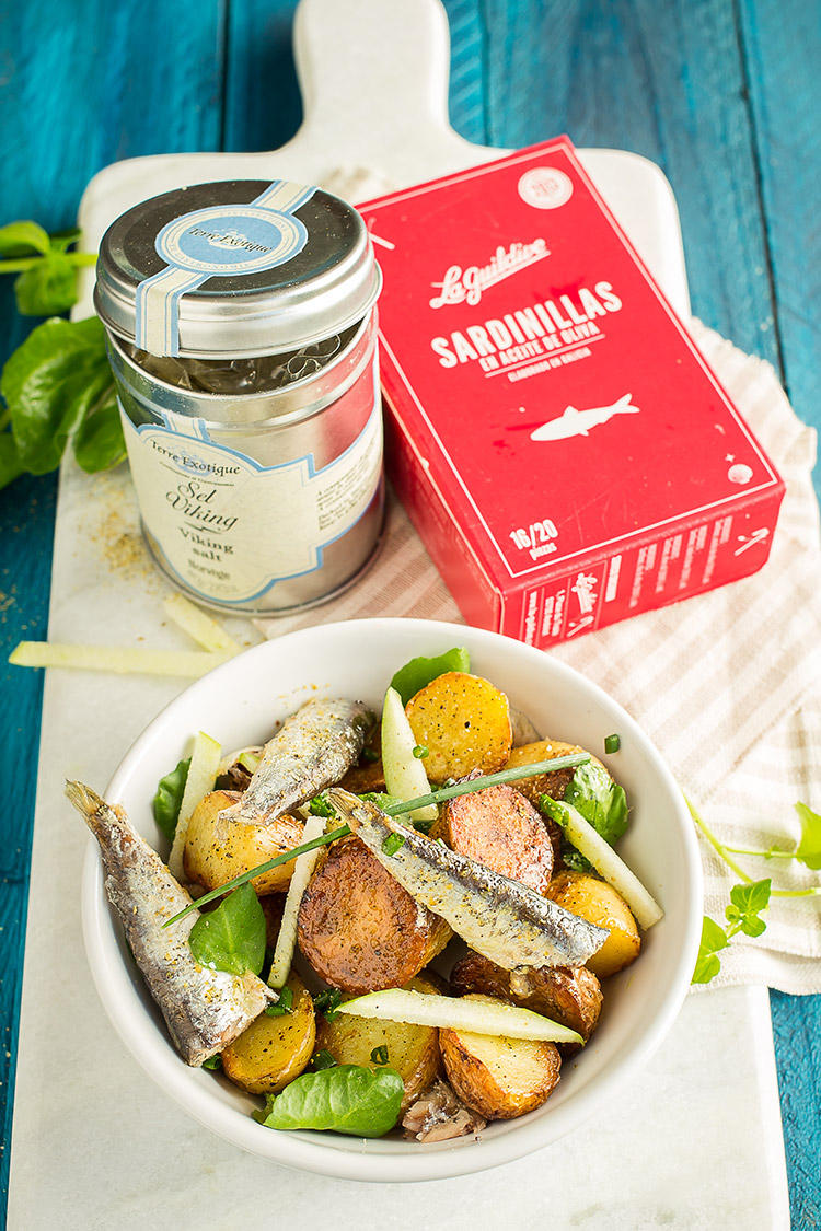 Salade de rattes, cresson & petites sardines au sel viking