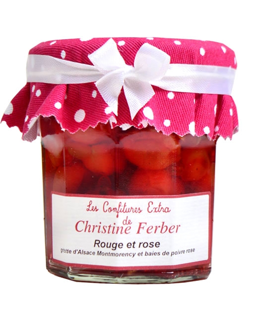Confiture rouge et rose - griotte d'Alsace Montmorency et baies de poivre rose