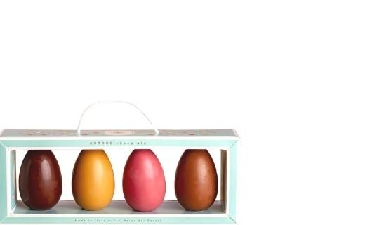 Coffret 4 œufs de Pâques - caramel, framboise, chocolat noir et crémeux au lait - Autore