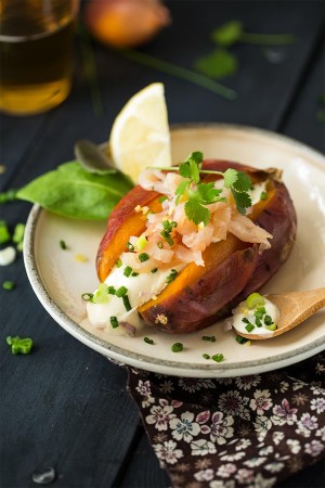 Patate douce en robe des champs au saumon fumé sauvage