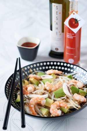 Salade de soja, champignons, avocats et crevettes