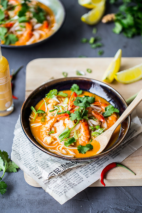 Soupe de crevette au lait de coco et vinaigre citron/gingembre