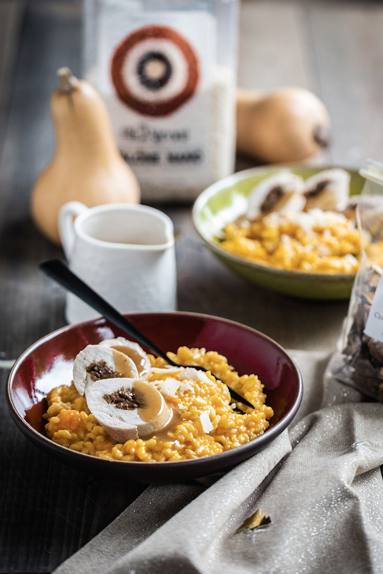 Ballotines de poulet de Bresse aux cèpes et risotto à la courge butternut