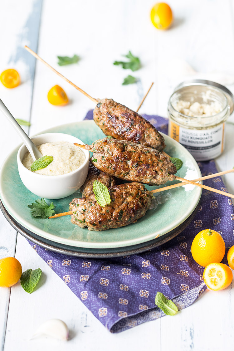 Kefta d'agneau et mousse d'ail au kumquat